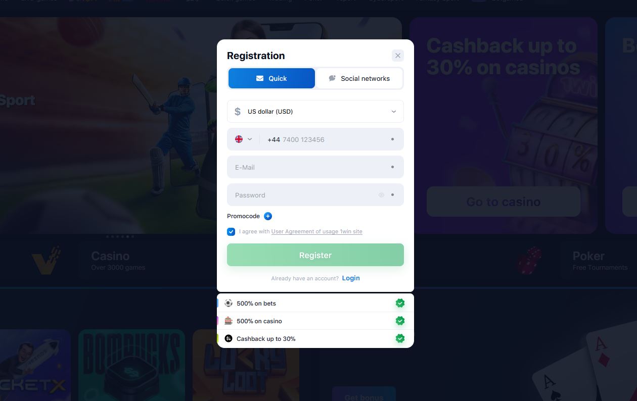 registration in 1win casino